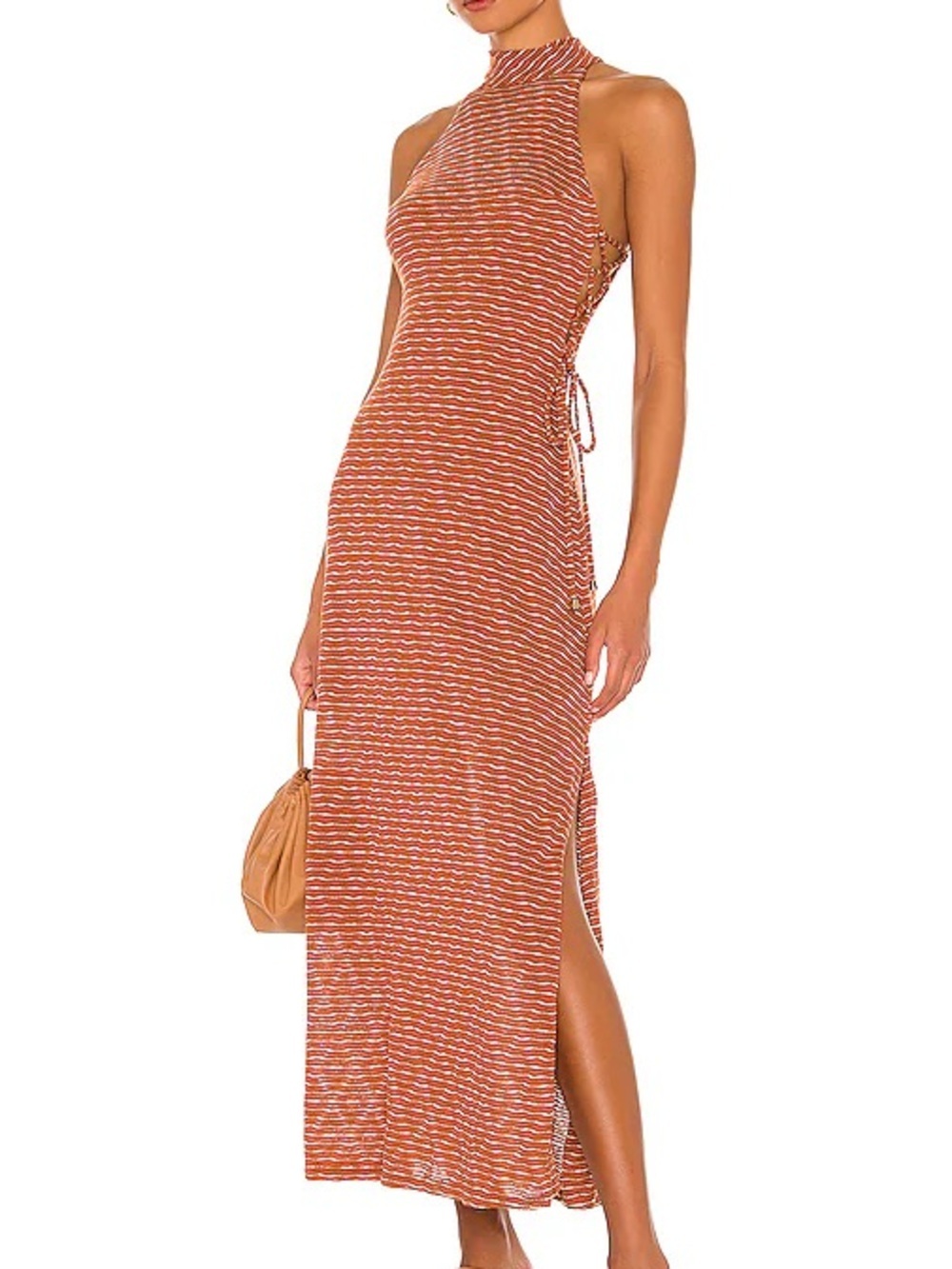 [S]Free People Frankie Sleeveless Striped Halter Maxi Dress in Rust Brown